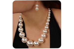 Aimimier 1920s Vintage Big Faux Pearl Strand Necklace with Earrings Set Large Chunky Pearl Choker Statement Chain for Women