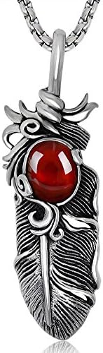 Doitory Men Titanium Steel Retro Punk Red Garnet Feather Pendant Necklace(Silver)