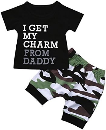 Dreamkon Toddler Kids Baby Boy Letter T-Shirt +Camouflage Shorts 2Pcs Clothes Set (Age:12 Months, Black)