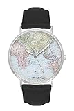 New Trend Unisex Armbanduhr Damen-Uhr Herren-Uhr Analog Quarzwerk Leder-Armband Chronograph mit Dornschließe Weltkarte