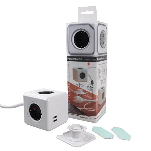 Allocacoc PowerCube 2 x USB Port 5V/2.1A mit 4 Verteiler 3M Verlängerungskabel Power Strip Steckdose 230V Schuko, Grau - 8