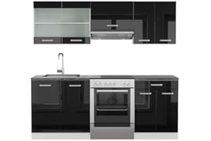 Vicco Mueble de Cocina R-Line, Negro Brillo/Blanco, 200 cm, ET Antracita