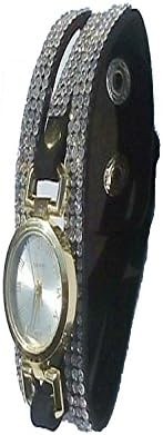 Ladies Diamante studded bracelet Button close Analog Quatz wrist Black silver wristwatch