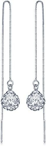 Infinite U 925 Sterling Silver 9mm Crystal Shamballa Ball Threader Long Drops Dangles Pull Through Chain Earrings for Women/Girls, Silver