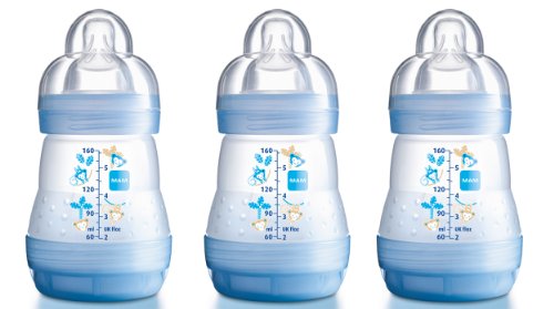 MAM Self Sterilising Anti-Colic Bottle 160 ml (3 pack Blue/ White)