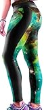 erdbeerloft - Damen Leggings Sporthose Weltall Space, One Size, Schwarz Grün Braun - 
