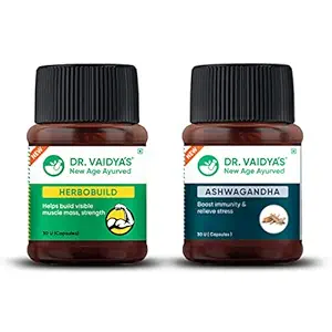 Dr Vaidyas Muscle Builder Pack | Muscle Gainer, Energy And Stamina Booster | 100% Natural With Ashwagandha, Shatavari, Safed Musali And Gokhru | Herbobuild x 1, Ashwagandha x 1 (30 Capsules Each)