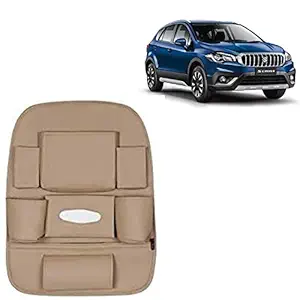 RD Universal PU Leather Car Auto Seat Back Organizer Multi Pocket Travel Storage Bag with Hangers, Tissue Paper and Bottle Holder-Beige Colour Compatible for Maruti Suzuki S-Cross