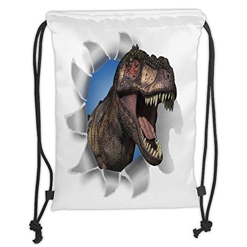 Icndpshorts Drawstring Backpacks Bags,Jurassic Decor,A Tyrannosaurus Rex Pokes his Head Through Paper Wall Dinosaurs Extinct Large, Soft Satin,5 Liter Capacity,Adjustable String Closure,The St