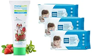 Mamaearth 100% Natural Berry Blast Kids Toothpaste 50 Gm, Fluoride Free, SLS Free, No Artificial Fla and Mee Mee Baby Gentle Wet Wipes ((72 Pcs,Pack of 03), Aloe Vera Wet Wipes)