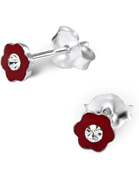 JAYARE Kinder-Ohrstecker Blume Blüte 925 Sterling Silber Emaille Glitzer-Kristalle 4 x 4 mm rot Ohrringe