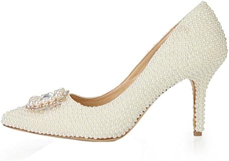 Women Crystal Shoes Thin High Heels Leather Pearl Diamond Handmade Evening Wedding Party Pumps Bride Bridesmaids Sandals . White . 34