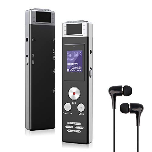 Grabadora de voz digital Grabadora activada por voz de 16GB con cable USB, reproductor de MP3 y auriculares, dictáfono portátil HD de 1536 kbps para conferencias/reuniones/entrevistas/clase