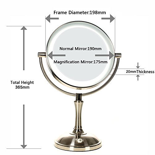 HIMRY® Slim LED Stand 8 Zoll KosmetikSpiegel mit Touch-Funktion, 10x Vergrößerung , Batteriebetrieben oder mit EU-Stecker, beleuchtedte Standspiegel Kosmetikspiegel Tischspiegel, Make-Up, Rasieren, Badezimmer Spiegel, Spiegel 360 ° drehbar, doppelseitigen Standard und 10 Fach Vergrößerung, KXD3140-10x - 2