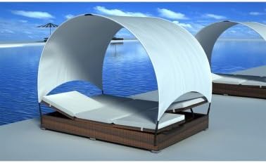Brown Rattan Lounge Bed With Cushions And Canopy In Double Size - Strong, Firm & Adjustable - Suitable For Both Indoor And Outdoor Use By eCommerce Excellence