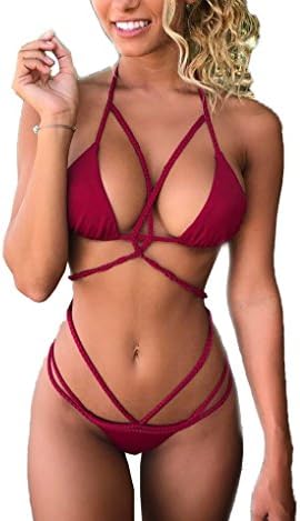 Womens Two Piece Bandage Push Up Swimsuit Thong Bikini Set Bathing Suit (M, WINE)
