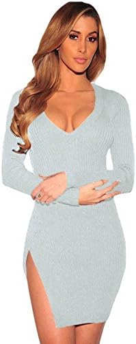 women sweater casual knit sportswear sweatshirts elasticity long sleeve split the fork slim dresses solid color . gray . f