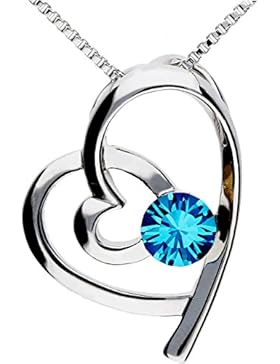 MYA art Kette Halskette Herzketten Doppel Herz Anhänger mit Swarovski Elements Kristall Stein Silber Turkis Blau...