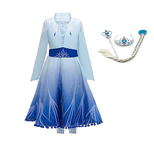 OwlFay Mädchen Prinzessin ELSA Kostüm für Kinder Blaue Schneekönigin Kleid Cosplay Party Karneval Halloween Outfit 6-7 Jahre