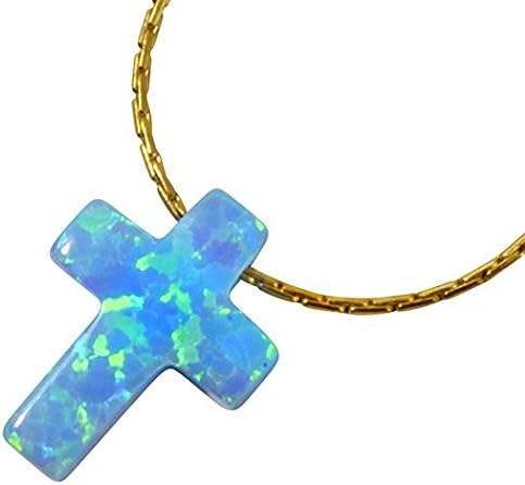 Synthetic Blue Opal Cross Necklace Christian Charm Pendant with 18.9" Gold Filled Chain