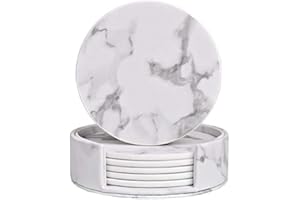 BPRTCRA 6 Piezas Posavasos con patrón de mármol, Estilo nórdico, Premium PU Cuero Posavasos con Soporte, Posavasos de Cuero de mármol Redondo Posavasos de café Caliente y Agua fría (Blanco)