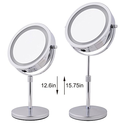 Limerence Moois 2in1 Kosmetikspiegel mit LED Beleuchtung, mit 18-LEDs, doppelseitig mit 1x/5x Vergrößerung, Höhenverstellbar, Batteriebetrieben, Verchromt, Beleuchteter Kosmetikspiegel, Tischspiegel für Makeup, Hautpflege und Rasur - 3