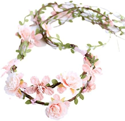 GCF® Garland Bride Women Flower Crown Hair Band Wedding Floral Headband Garland Festival Ribbon Bow Flower Wreath Elastic Headdress , d garland (pink)