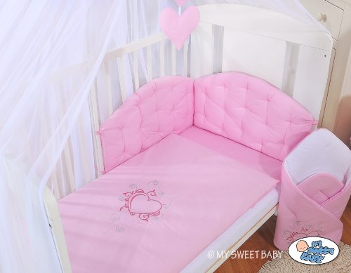 NEW My Sweet Baby pink baby bedding set with embroidered heart for your little one cot bed 140/70cm or cot 120/60cm (includes: cover x 2, bumper made of 3 pcs, big mosquito net / canopy / drape made of chiffon to cover all 4 sides of the bed, decorative bow & hearts) + drape holder (fits most types of cots and cot beds with ends/heads up to 4cm thick)