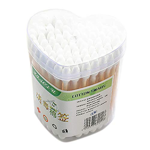 Huafi Lot de 100 cotons-tiges jetables à double tête en bois pour nettoyer les oreilles et les soins de santé avec boîte de rangement en forme de cur