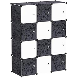 PREMAG Armoire Portable DIY, Penderie avec Portes, Tige Suspendue, Construction Solide pour Vêtements, Chaussures, Accessoires, Conception de Motif de Frisé, Noir et Blanc (12-Cube)