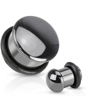 Paula & Fritz® Plug Single Flared mit Gummiring aus Halbedelstein schwarzer Hä...