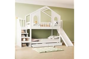 MYBOO Kinderbett Etagenbett 90x200, Hochbett Hausbett mit Rutsche&Aufbewahrungsleiter&2 Schubladen&Fenstern&Dach, Stockbett Doppelbett Holzbett mit Lattenrost&Rausfallschutz, Kiefer, Ohne Matratze, Weiß