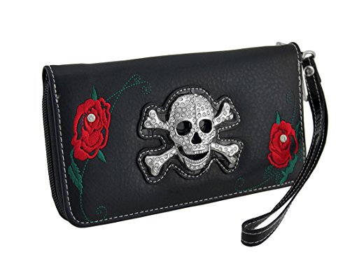 Preisvergleich Produktbild Geldbörse mit Totenkopf und roten Rosen, mit Reißverschluss, Schwarz