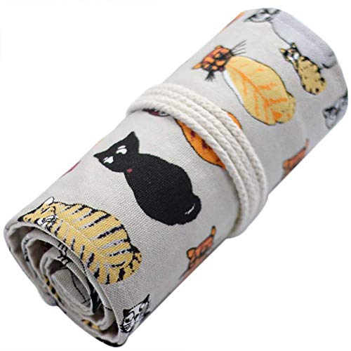 FinmindCanvas Pencil Case Cat Roll Up Case Bundle Pencil Wrap Large Capacity Pen Bag for Kids Adults 36/48/72 Holes Capacity (Cat- 72 Holes)