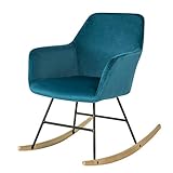 Schön kombiniert wurden hier die Beine des Sessels aus schwarzem Metall und die Kufen aus Buche garantieren einen sicheren Stand