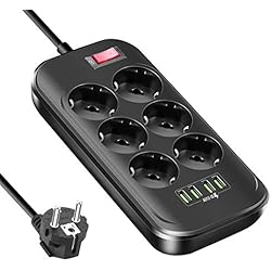 BEVA Multiprise avec 6 Prises et 4 USB 2,4A Maximum, Prise Multi avec Interrupteur, Câble de 2m, Parasurtenseur Parafoudre et Surtension pour Smartphone Tablette, à la Maison et au Bureau 2500W / 10A