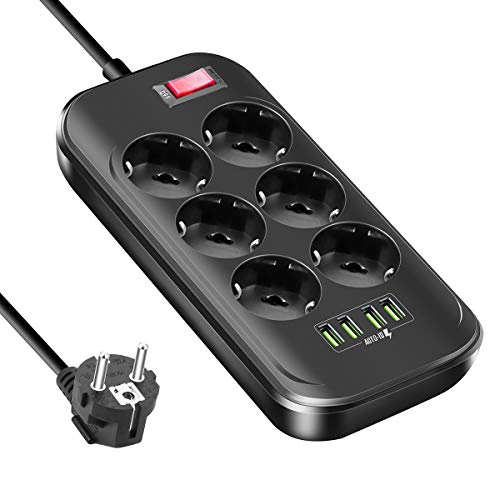 BEVA Multiprise avec 6 Prises et 4 USB 2,4A Maximum, Prise Multi avec Interrupteur, Câble de 2m, Parasurtenseur Parafoudre et Surtension pour Smartphone Tablette, à la Maison et au Bureau 2500W / 10A