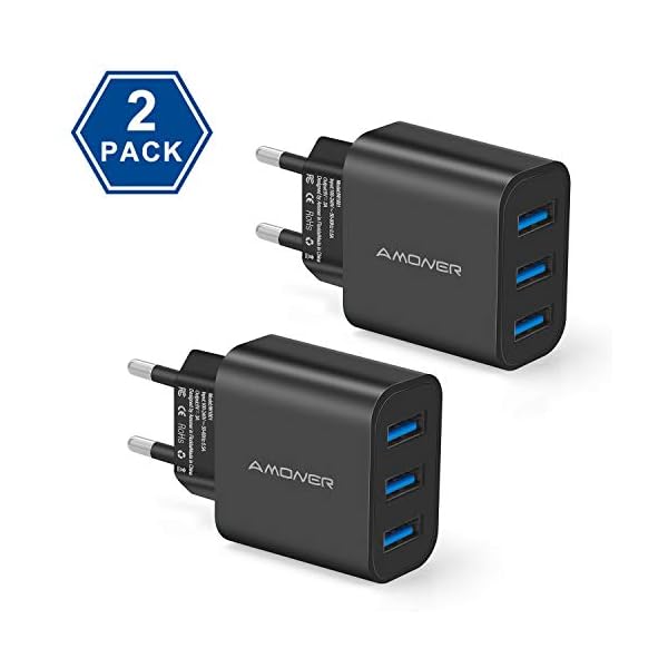 Amoner USB Ladegerät 2 Stücke 3-Port 3A Ladeadapter für iPhone X/8/8 Plus, Galaxy S9/S9 Plus/S8/S8 Plus/Note, iPad, Sony, HTC, Motorola, LG und Weitere Geräte