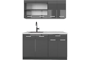 Vicco Cucina monoblocco R-Line, Antracite lucido/antracite, 140 cm, PL Marmo