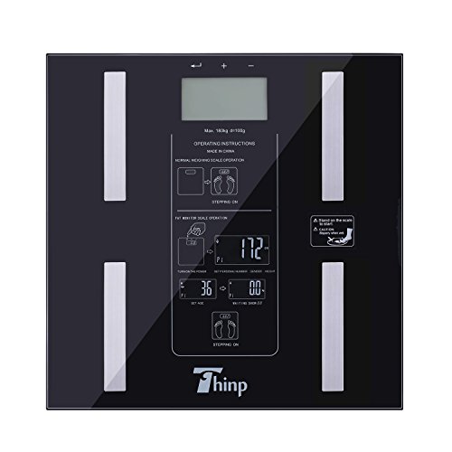 Thinp Waage Personenwaage Fettwaage LED Digital für Badezimmer -Maßnahmen Körperfett , Wasser, Muskeln, Knochen, Kalorien- & BMI (Kg/St/Lb)