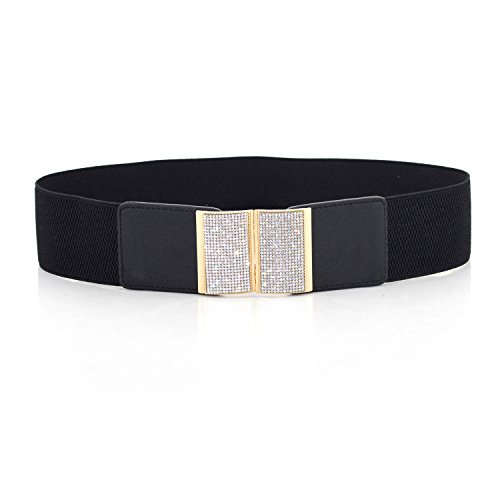 WedDecor65mm Women Black Elasticated Waist Belt With Gold Buckle, Silver Rhinestone Diamante For Glam, Formal, Western Outfits, Fashion Accessory, Fully Adjustable and Stretchable