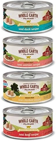 Whole Earth Farms Cat Food 8 Can Bundle: (2) Real Salmon Recipe Morsels In Gravy, (2) Real Duck Recipe Pate, (2) Real Chicken Recipe Pate, and (2) Real Beef Recipe Pate, 2.75 Oz. Ea. (8 Cans Total)