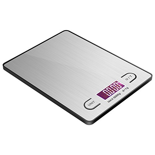 Topop Digitale Küchenwaage 11lb 5kg Gewichtskapazität 4 Maßeinheiten heller LCD-Schirm Silber Edelstahl