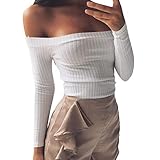 NPRADLA 2019 Frühling Sommer Shirt Damen Schulterfrei Langarmshirts Gestreifte Bluse Kurzes, Festes T-Shirt(Weiß,L/38)