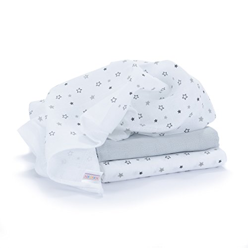 3 Stück - Mullwindeln / Spucktücher / Stoffwindeln, 70 x 70 cm - bedruckt - Sterne Grau, doppelt gewebt mit verstärkter Umrandung, maschinenwaschbar bis 60° C, Öko-Tex Standard 100