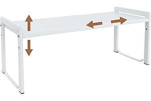 Goodsnetic Expandable Cabinet Shelf 13.8~26"(L), Stackable Kitchen Counter Organizer, 22LBS Heavy Duty Riser, Countertop Storage Pantry, Durable Metal Sink Shelf (White M)