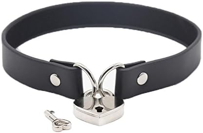 DPWELL Men Women Punk Rock Silver Heart Locker Choker Collar Black PU Leather Necklace Neckband