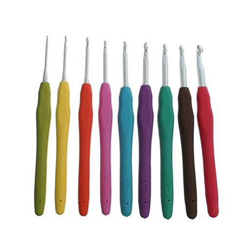 LemonBest® 9 Stück Aluminium Häkelnadeln Nadelset mit bunten Gummigriff, 2mm, 2.5mm, 3mm, 3.5mm, 4mm, 4.5mm, 5, 5.5, 6mm - 4