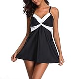 Dorical Badeanzug Rock Damen Badeanzug Schwarze und weiße Nähte Up Neckholder Einteilige Streifen Bademode Rock Shorts, Badeanzug Tankini Badekleider Schwimmanzug Swimsuit(Schwarz,X-Large)