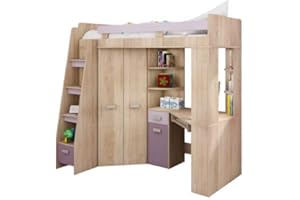 FURNITUREBYJDM High Sleeper, Bunk Bed/Entresole. ALL IN ONE. Left Hand-side Stairs. Kids/Children Furniture Set. Bed, Wardrobe, Shelves, Desk (Sonoma Oak - Purple)